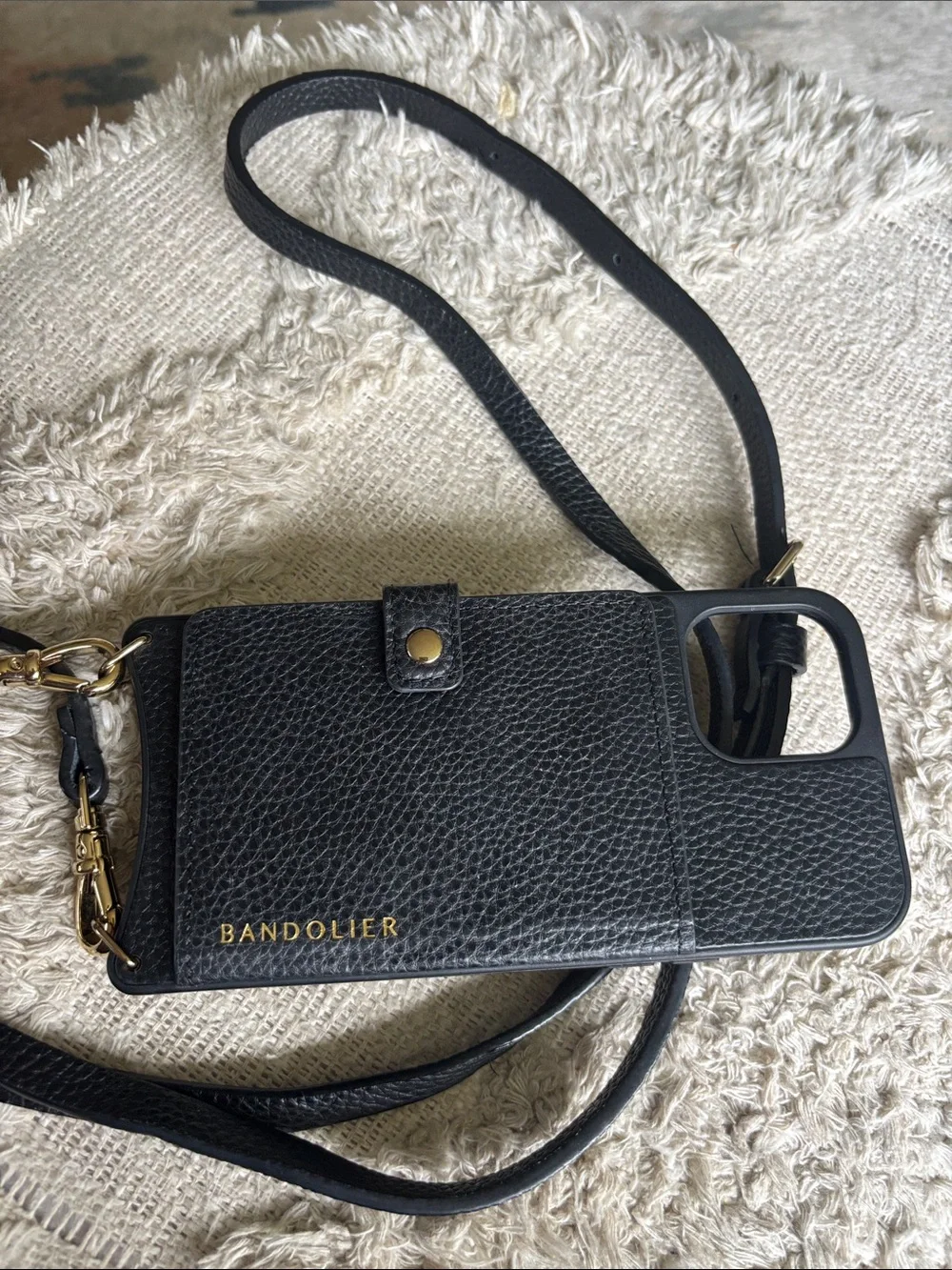 Bandolier Black Leather Crossbody Phone Wallet Gold Hardware iPhone 15 plus